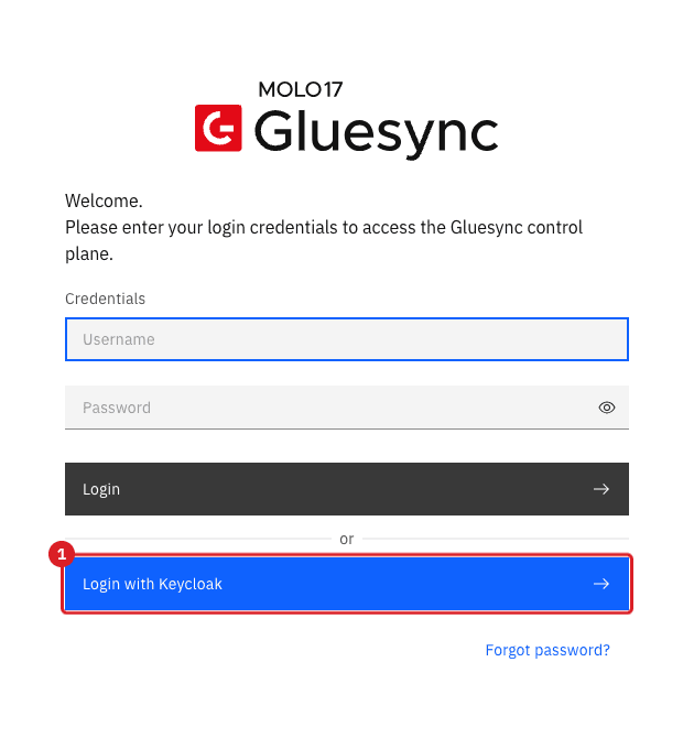 Gluesync sign-in page with the Login form and a blue Login with Keycloak button marked 1