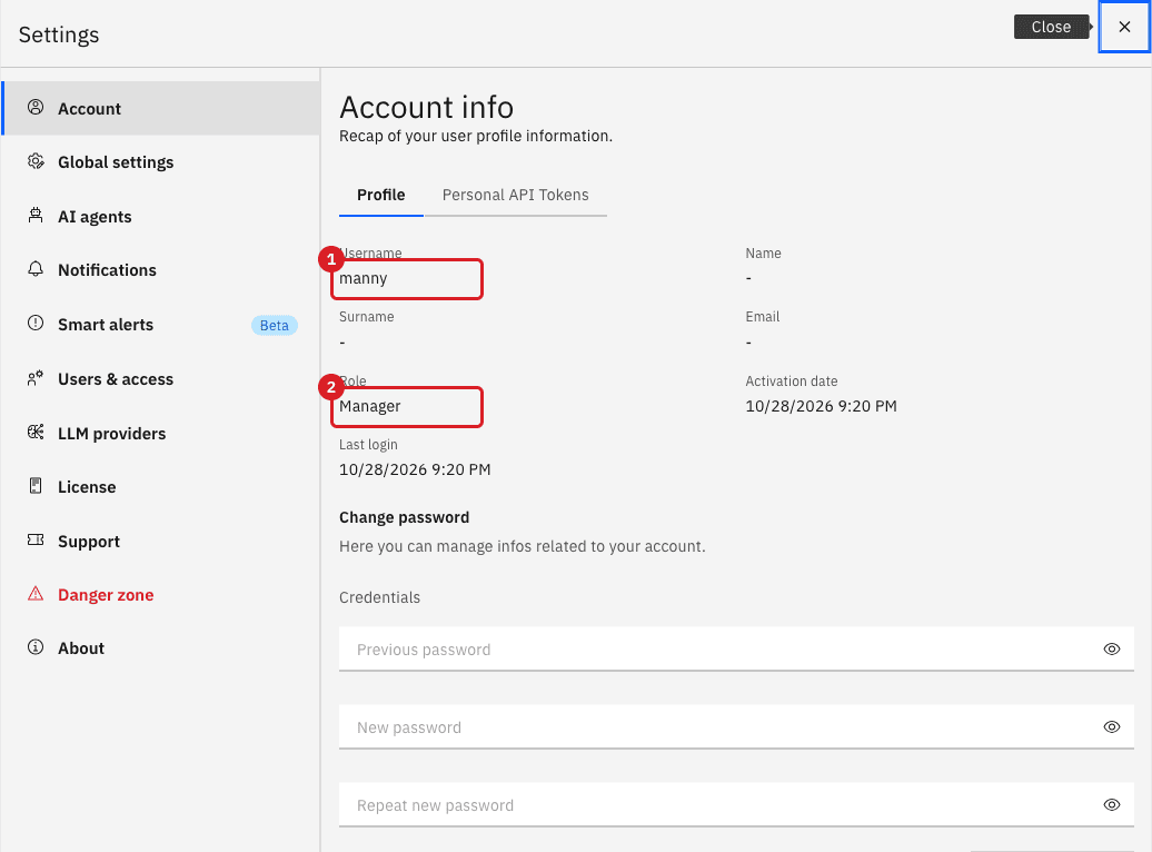 Account info of manny with the username marked 1 and the role Manager marked 2