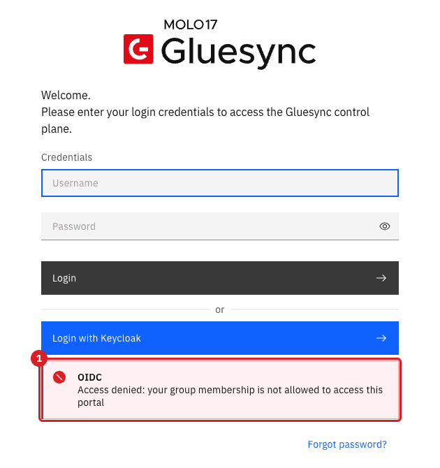 Gluesync sign-in page with an OIDC error banner reading Access denied: your group membership is not allowed to access this portal