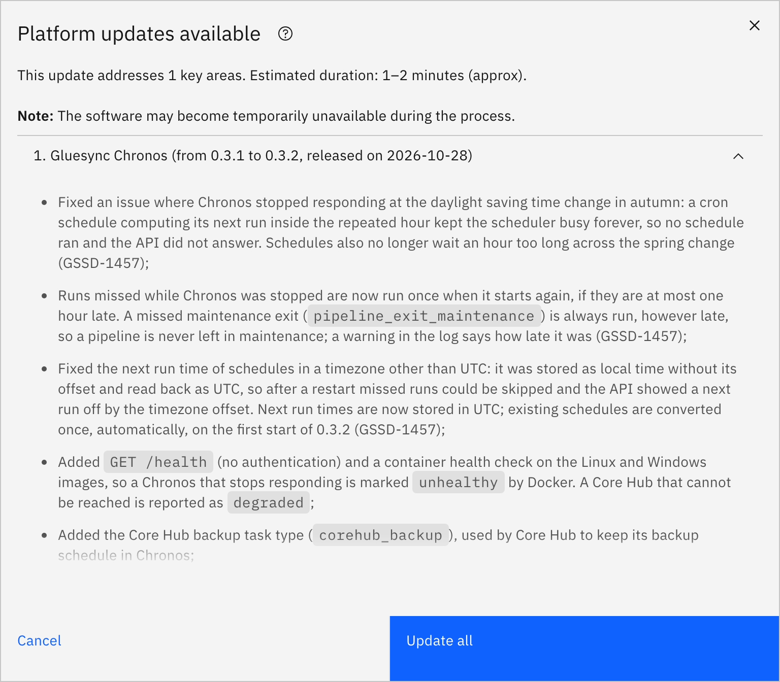 Platform updates available dialog listing Gluesync Chronos with the from and to versions and the release date