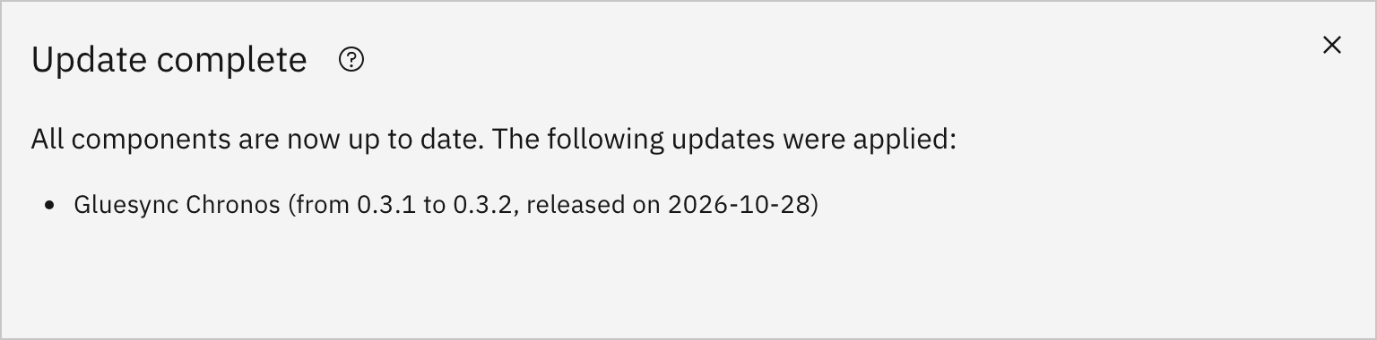 Update complete dialog saying that all components are up to date and listing the Chronos update that was applied