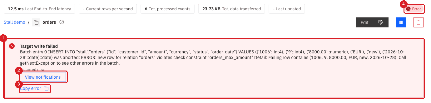 Entity detail of orders with the Target write failed banner showing a check constraint violation