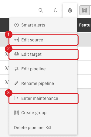 Pipeline settings menu with Edit source marked 1