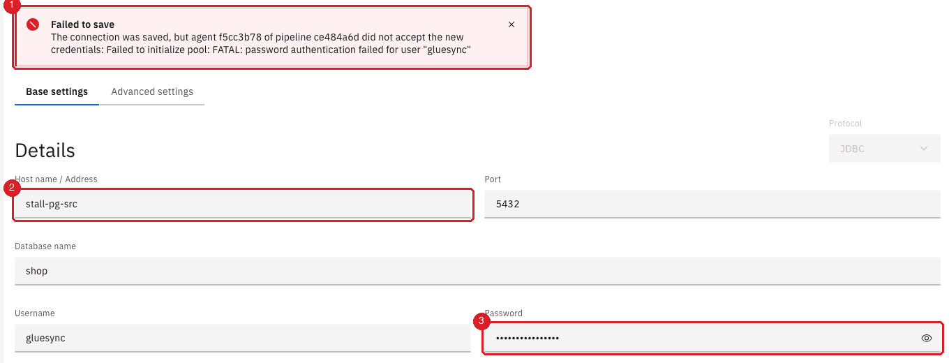 Edit source page with a Failed to save banner reporting password authentication failed