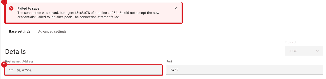 Edit source page with the host set to stall-pg-wrong and a Failed to save banner reporting that the connection attempt failed