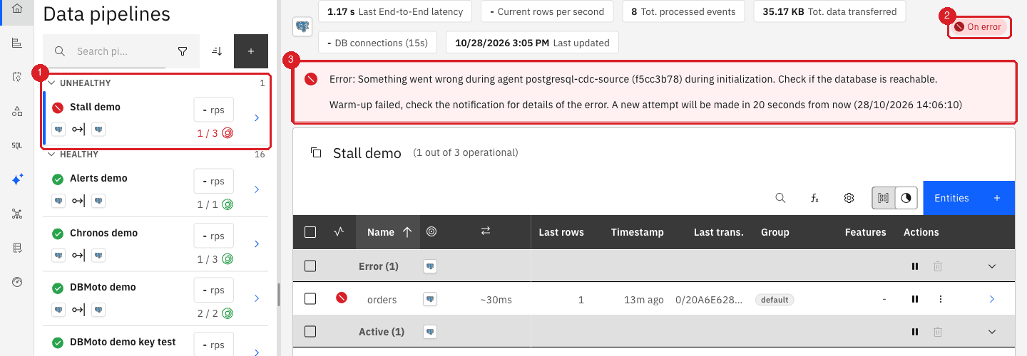 Stall demo in the UNHEALTHY group with the On error chip and a banner saying warm-up failed and a new attempt will be made in 20 seconds