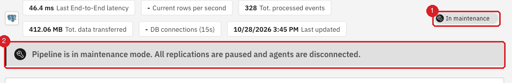 Pipeline in maintenance mode with the In maintenance chip and a banner saying that all replications are paused and agents are disconnected