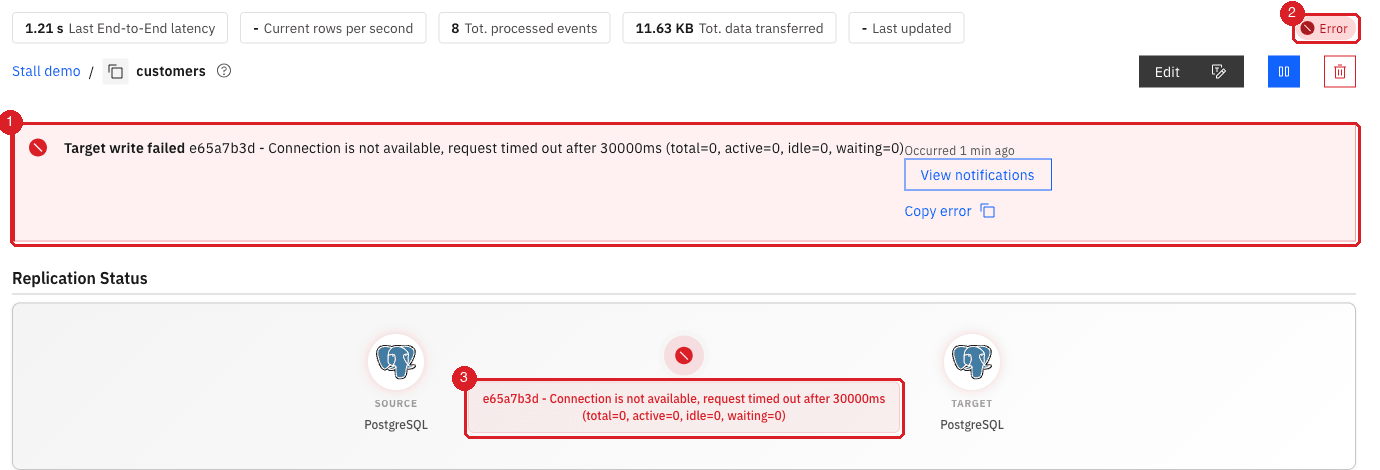 Entity detail of customers with the Target write failed banner reporting that the connection is not available