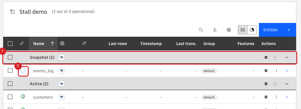 Entity table with events_big in the Snapshot group and an empty ring status icon