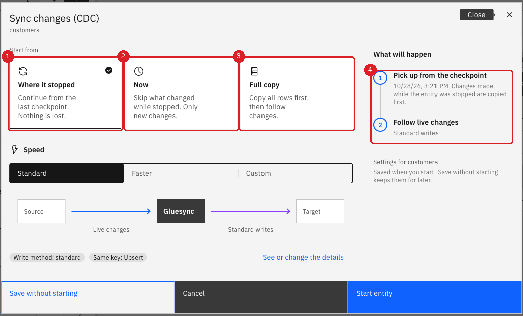 Sync changes (CDC) dialog for customers with Where it stopped selected