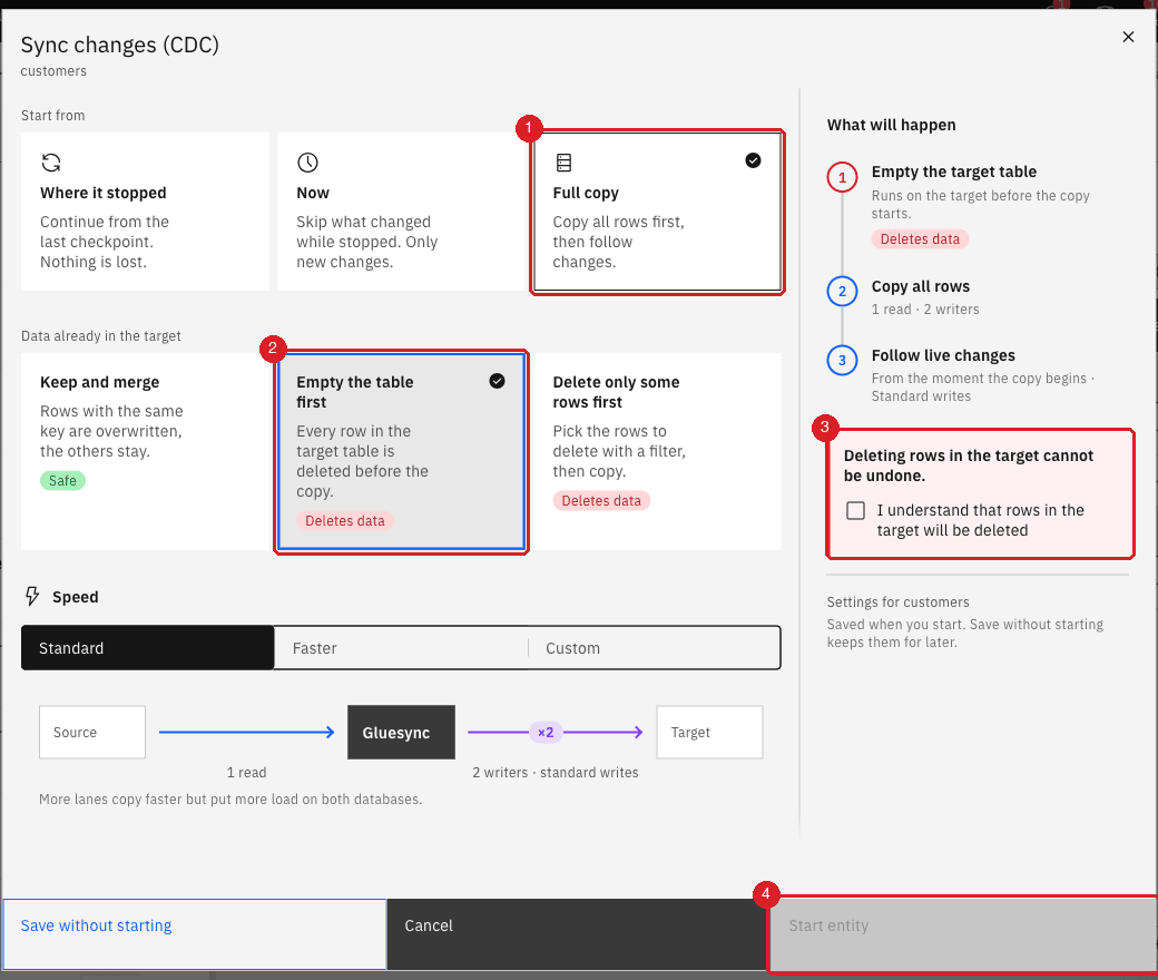 Sync changes (CDC) dialog with Full copy and Empty the table first selected