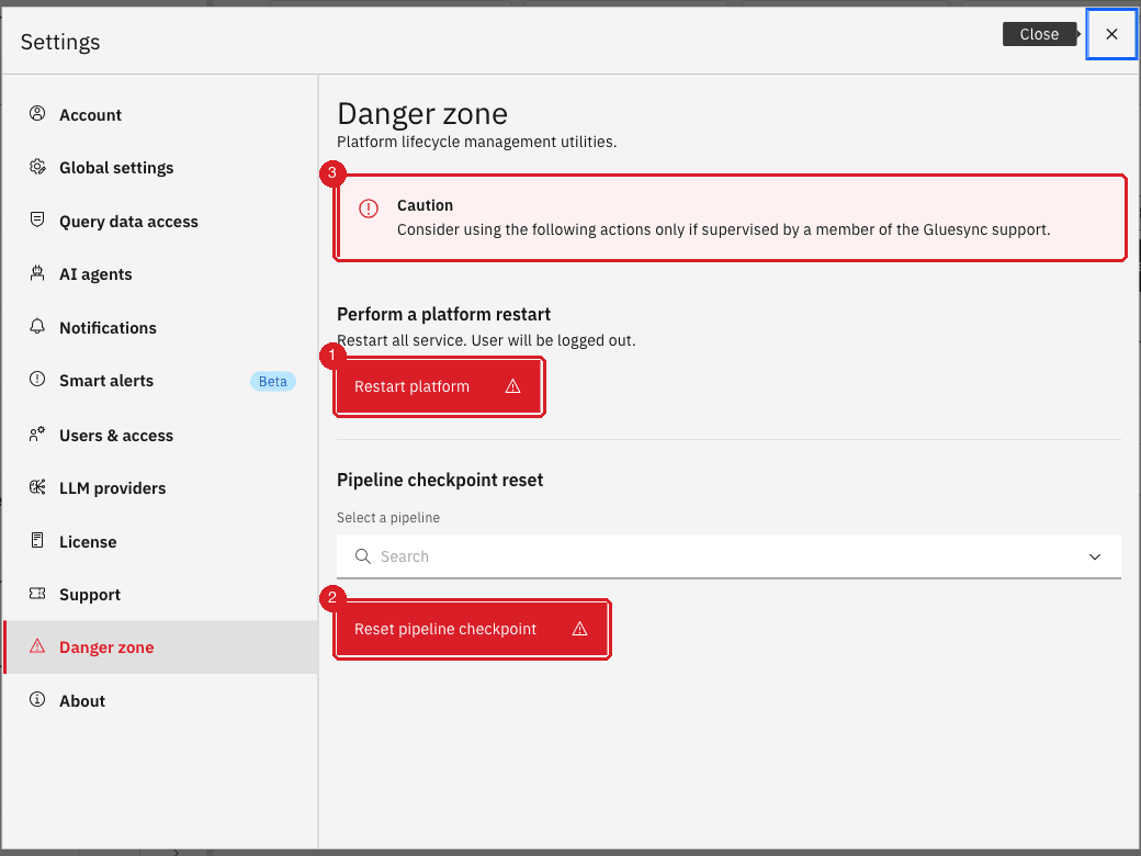 Settings dialog on the Danger zone tab with Restart platform
