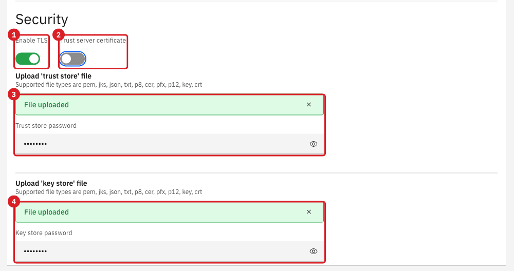 Security section of the MySQL connection form with Enable TLS switched on (annotation 1)