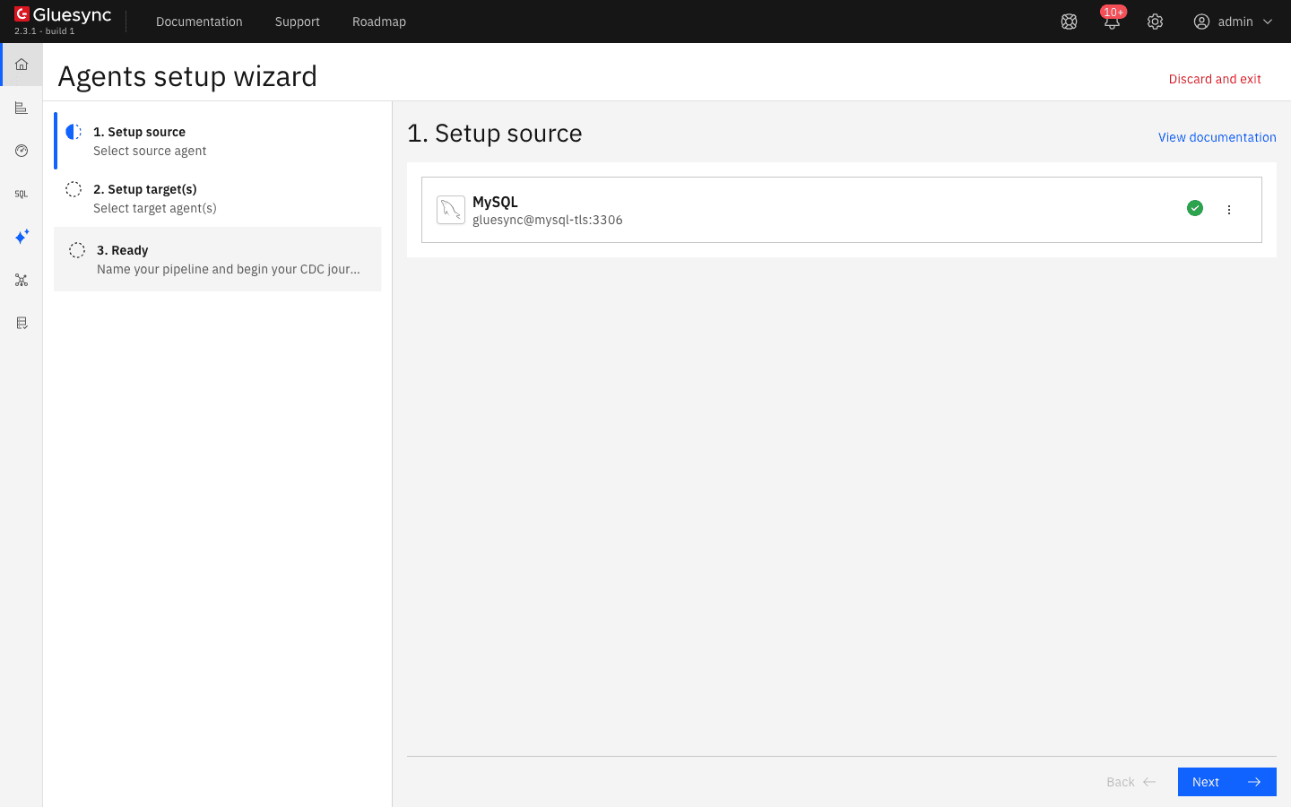 Agents setup wizard with the MySQL agent card showing the user and host gluesync@mysql-tls:3306 and a green check mark