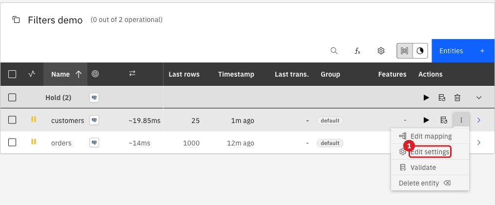 Pipeline entity table with the entity menu open and Edit settings marked by annotation 1
