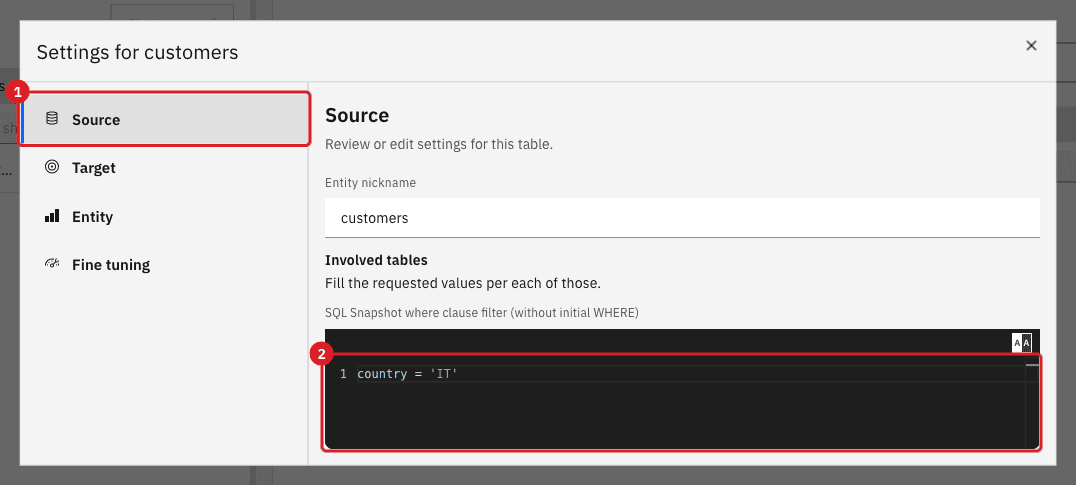 Settings for customers dialog on the Source tab