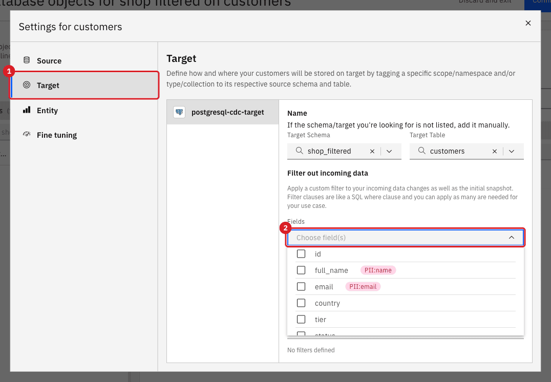 Settings for customers dialog on the Target tab with the Target tab marked by annotation 1 and the open Fields list marked by annotation 2