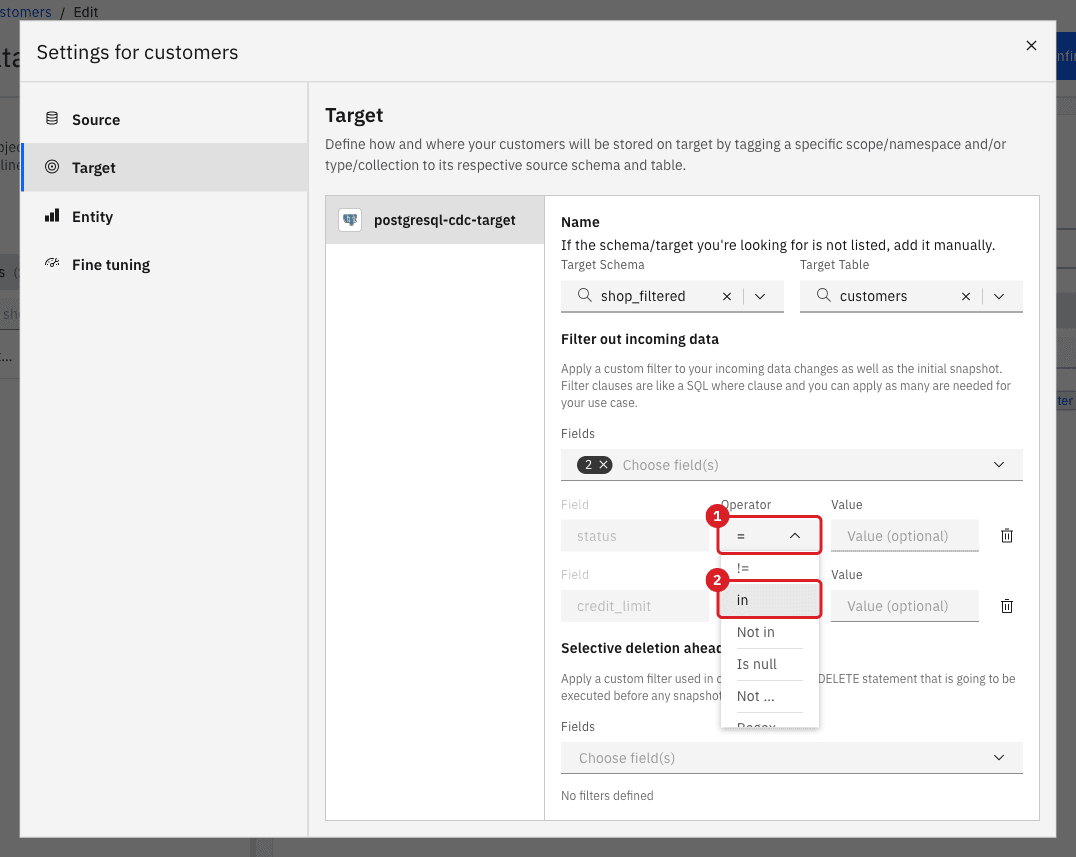 Operator list open on the status row with the Operator control marked by annotation 1 and the in operator marked by annotation 2