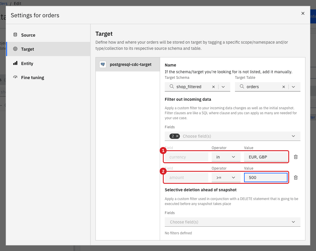 Target tab for the orders entity with currency in EUR