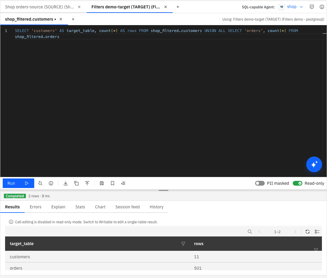 Query Studio on the target agent returning 11 rows for customers and 501 rows for orders