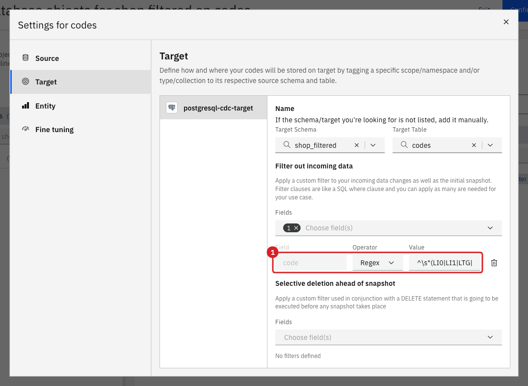 Settings for codes dialog on the Target tab with a Regex condition on the code field marked by annotation 1