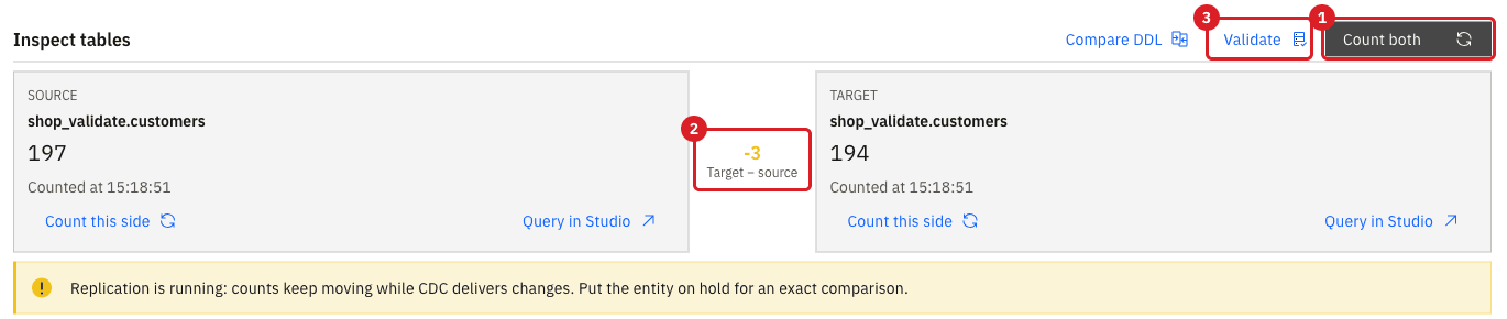 Inspect tables section of the customers entity with Count both marked by annotation 1