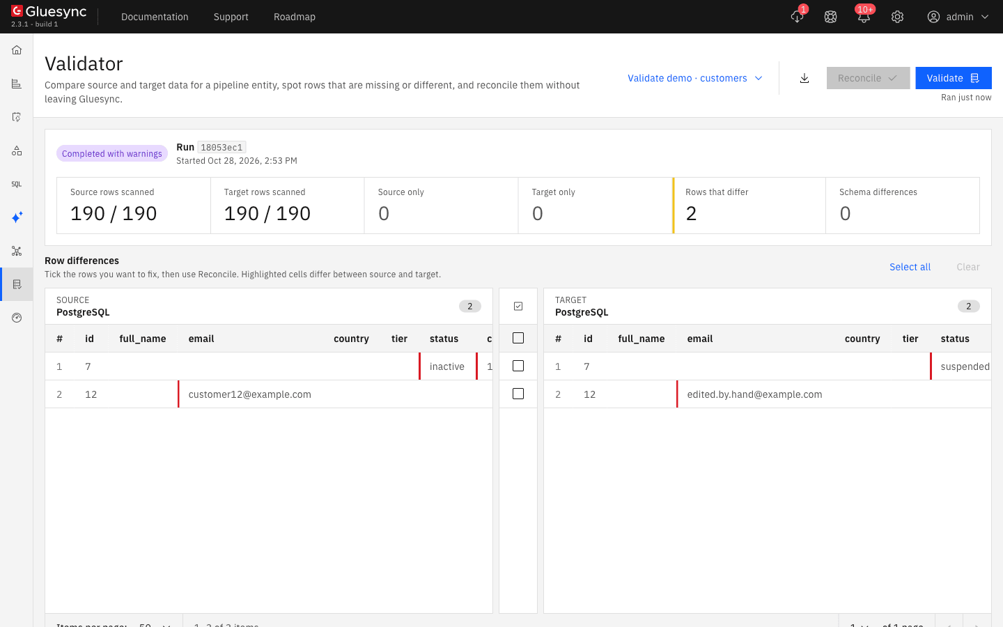 Validator run with 190 rows scanned on both sides
