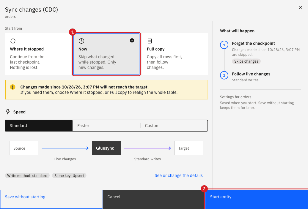 Sync changes CDC dialog with Now selected and marked by annotation 1