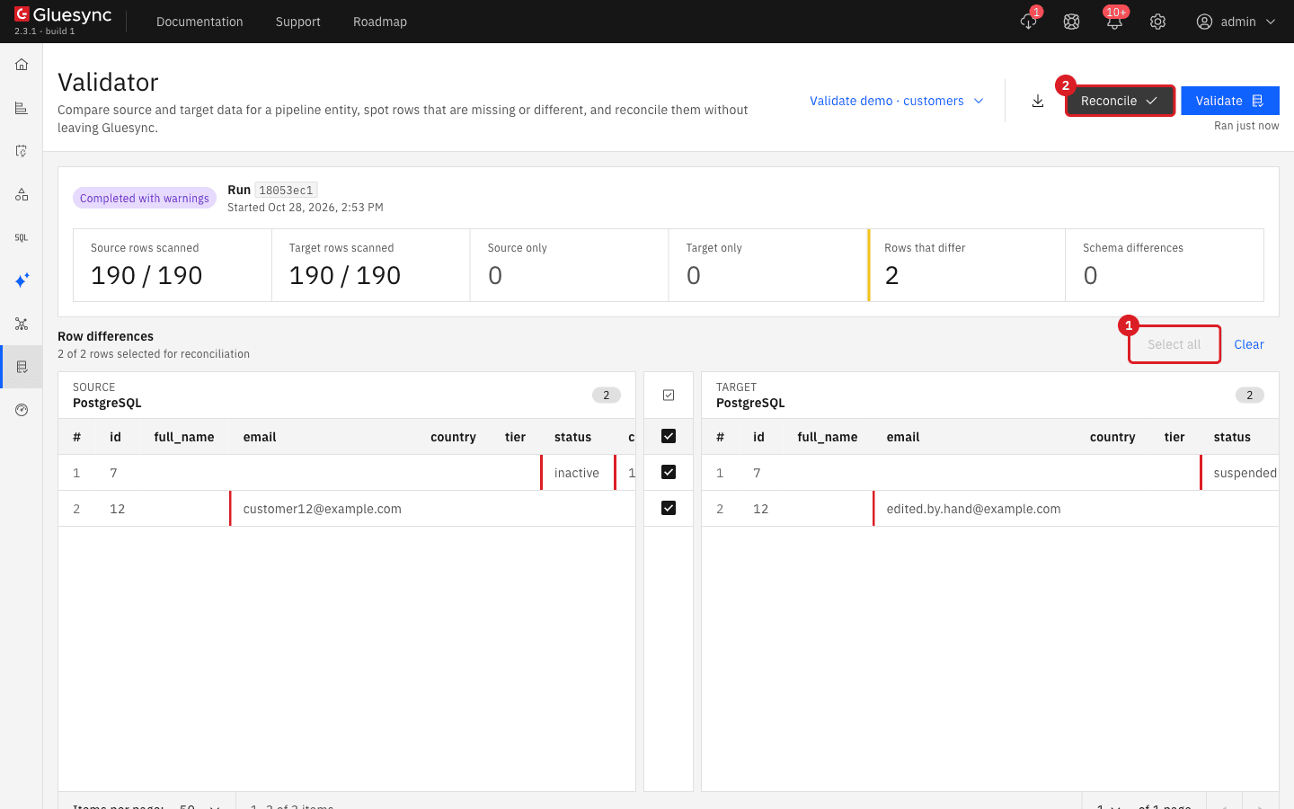 Validator with both differing rows ticked