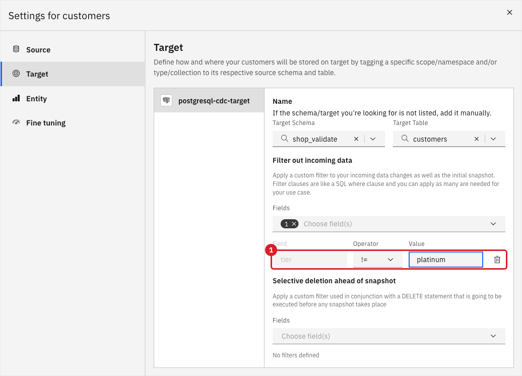 Settings for customers dialog on the Target tab with a filter row for the field tier