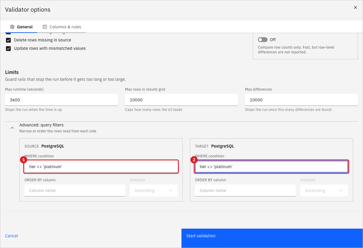Validator options dialog with the Advanced query filters open and the condition tier not equal to platinum typed in the source WHERE condition field