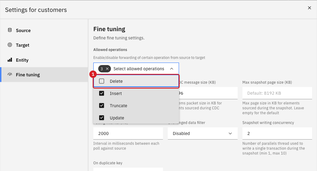 Allowed operations list of the Fine tuning tab with Delete cleared and marked by annotation 1 while Insert