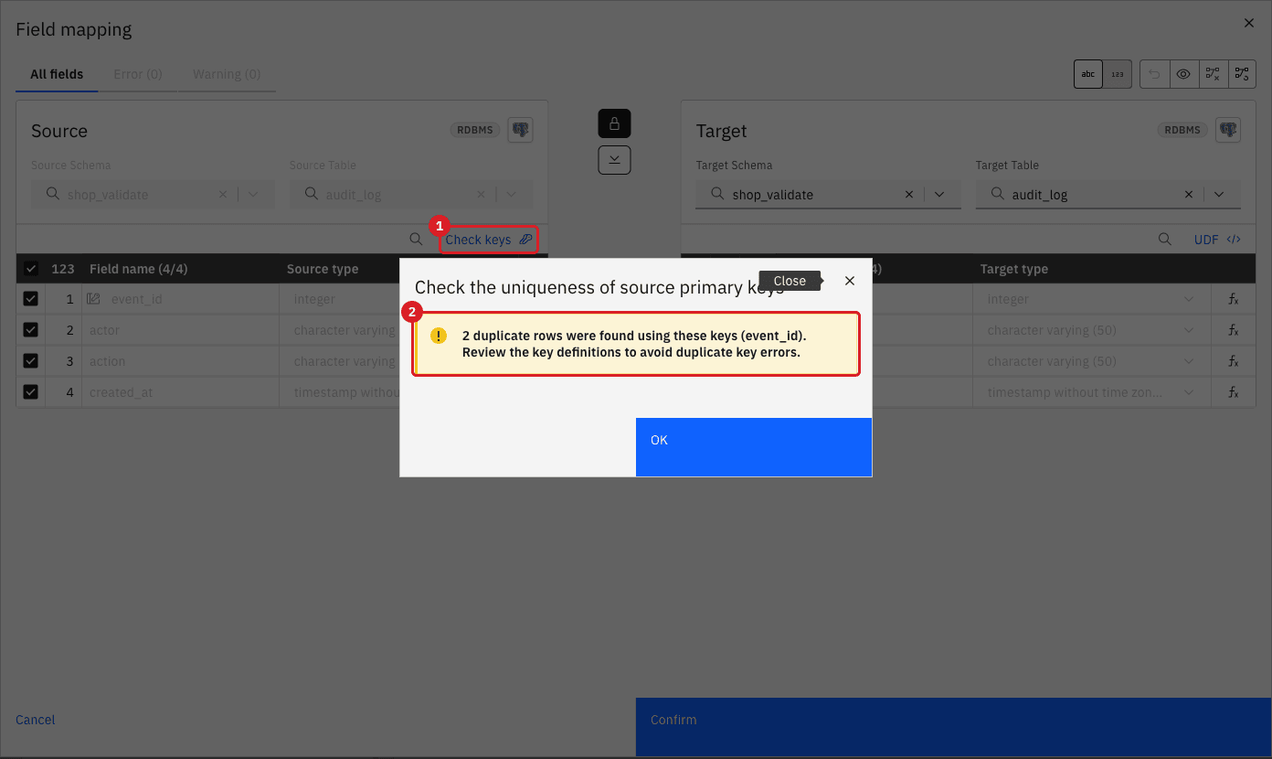 Field mapping dialog with Check keys marked by annotation 1 and the message that 2 duplicate rows were found using the key event_id marked by annotation 2