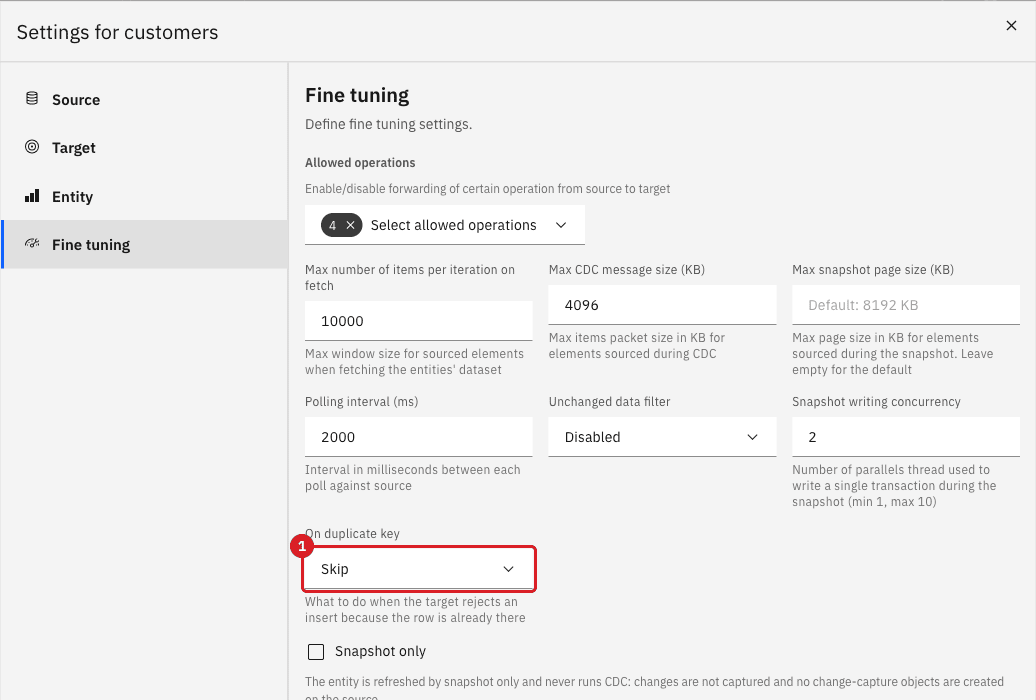 Fine tuning tab with the On duplicate key list set to Skip and marked by annotation 1