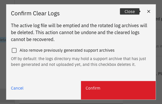 Confirm Clear Logs dialog with the option to also remove previously generated support archives