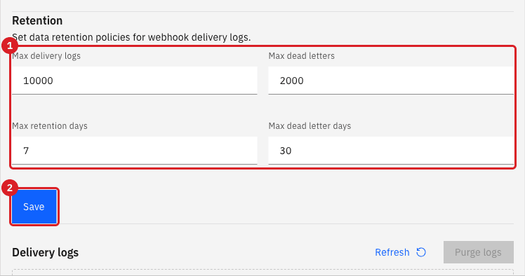 Webhooks tab with annotation 1 on the four Retention fields and annotation 2 on the Save button