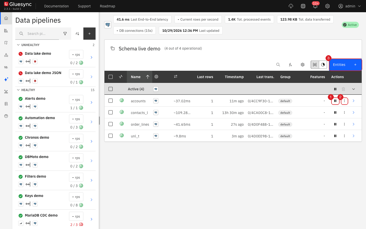 Entity table of the pipeline Schema live demo with the pause button (1)