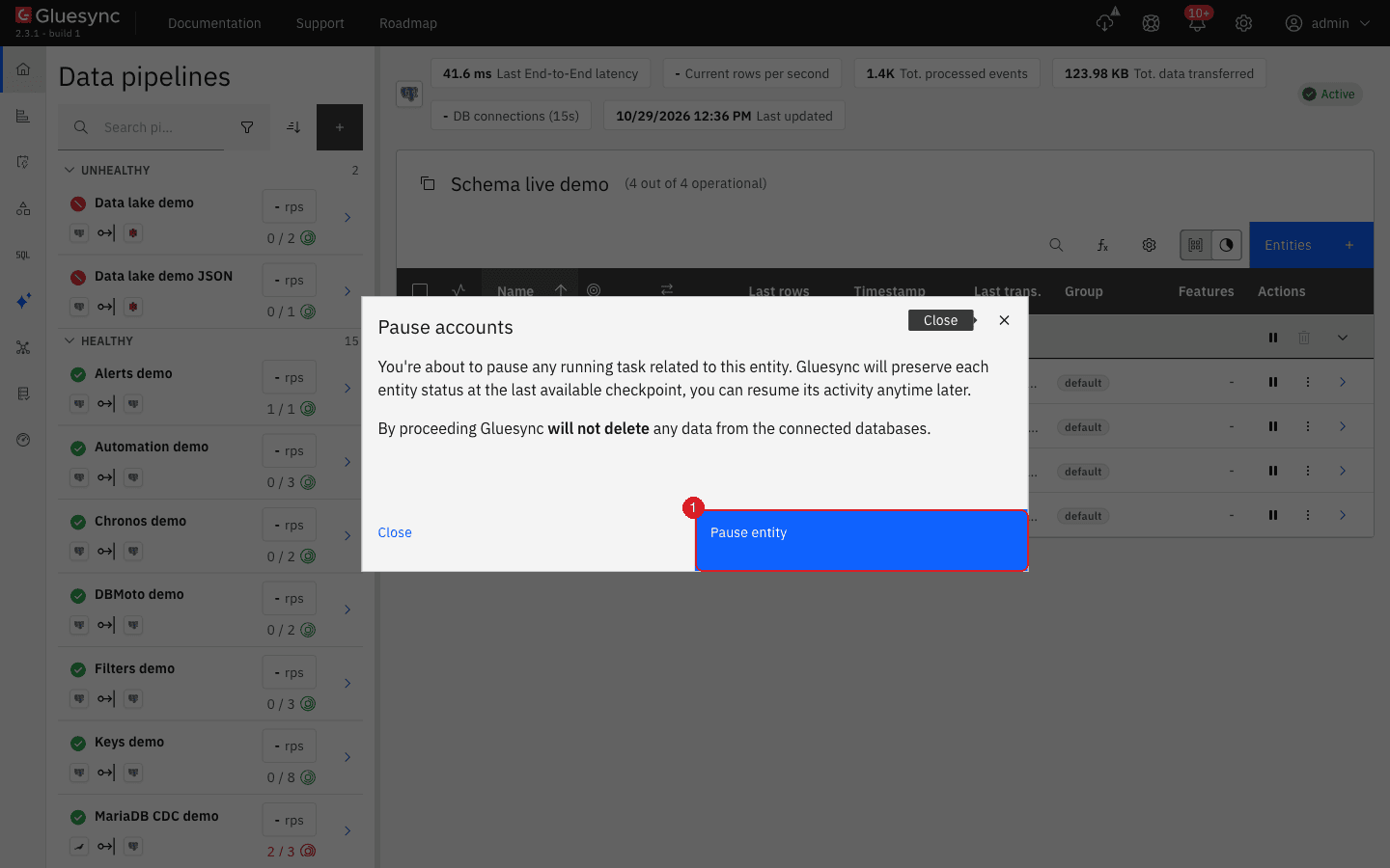 Pause accounts dialog with the Pause entity button (1)