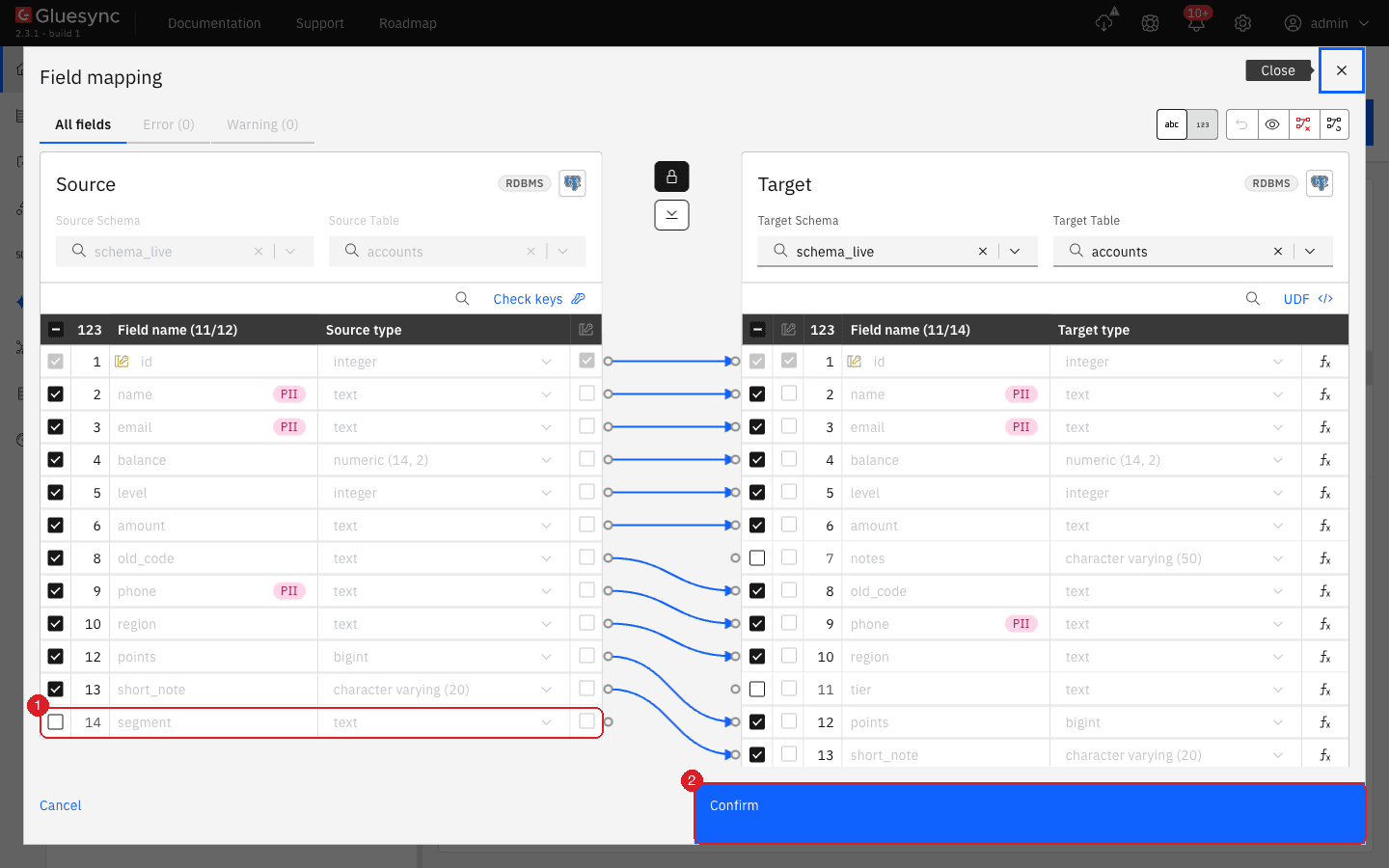Field mapping dialog with the new source field segment unticked (1) and the Confirm button (2)