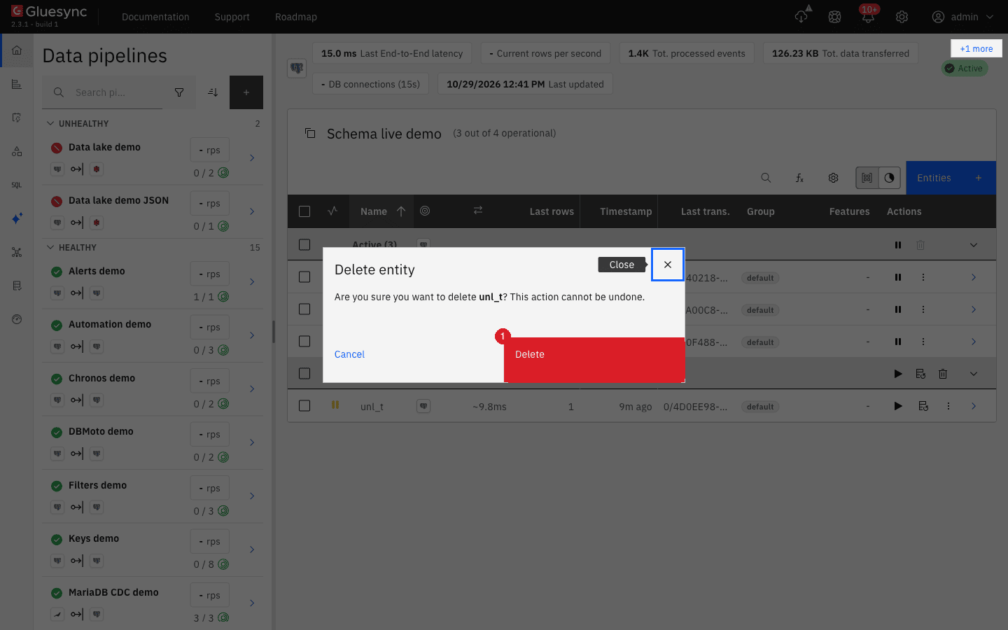 Delete entity dialog asking to confirm the deletion with the Delete button (1)