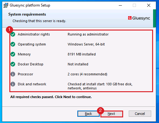 System requirements page of the Gluesync platform setup with the check list marked by annotation 1 and the Next button marked by annotation 2