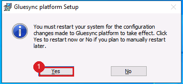 Restart message of the Gluesync platform setup with the Yes button marked by annotation 1