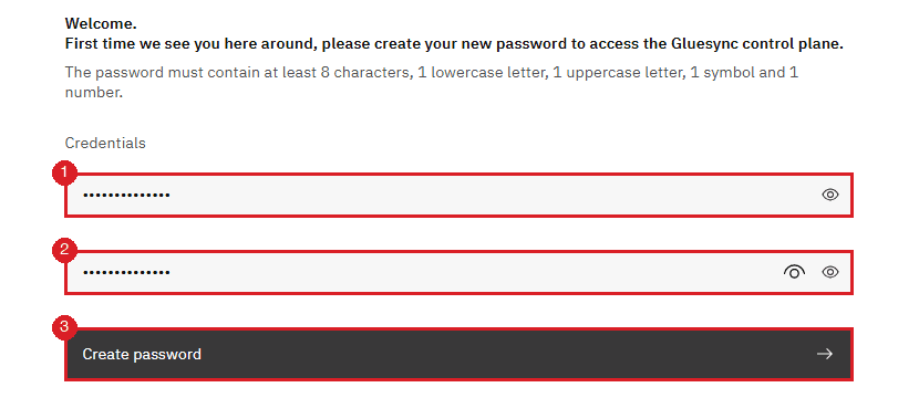 Create password page with the two password fields marked by annotations 1 and 2 and the Create password button marked by annotation 3