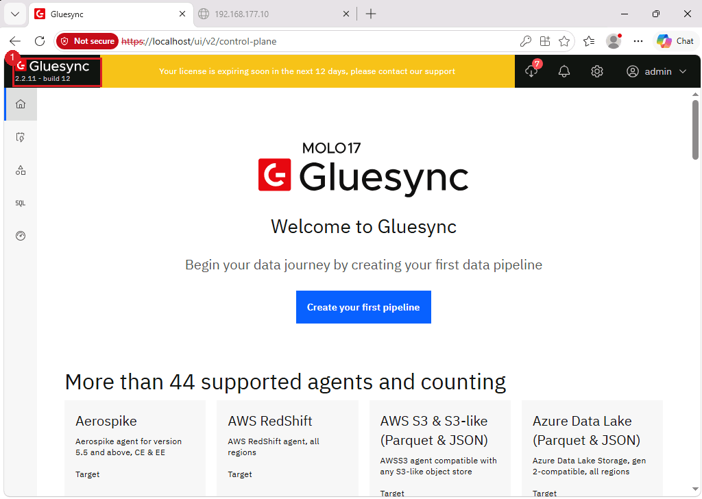 Gluesync Control Plane home page with the version label at the top left marked by annotation 1
