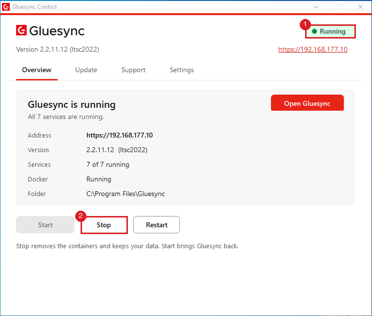 Gluesync Control Overview tab with the Running state marked by annotation 1 and the Stop button marked by annotation 2