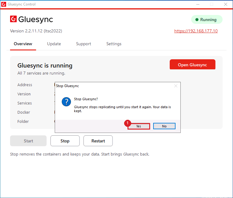 Stop Gluesync confirmation with the Yes button marked by annotation 1