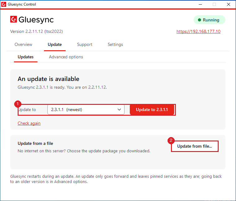 Gluesync Control Update tab with the version list and Update button marked by annotation 1 and the Update from file button marked by annotation 2