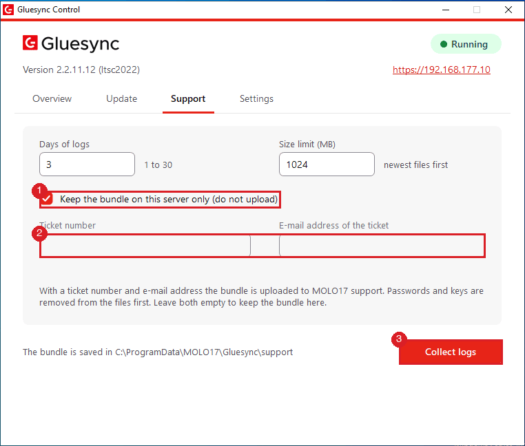 Support tab with the keep-on-server checkbox marked by annotation 1