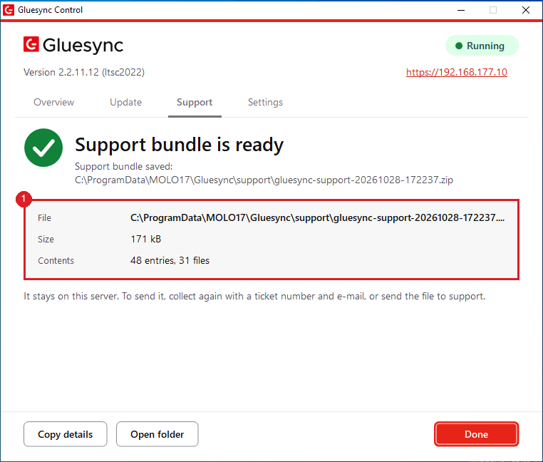 Support bundle is ready with the file