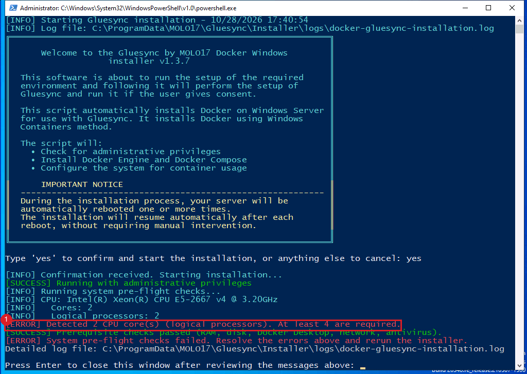 PowerShell window with the line Detected 2 CPU cores. At least 4 are required marked by annotation 1